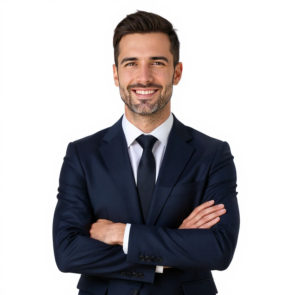 Professional AI-generated headshot of a man in navy blue business suit with white shirt and tie on pure white background