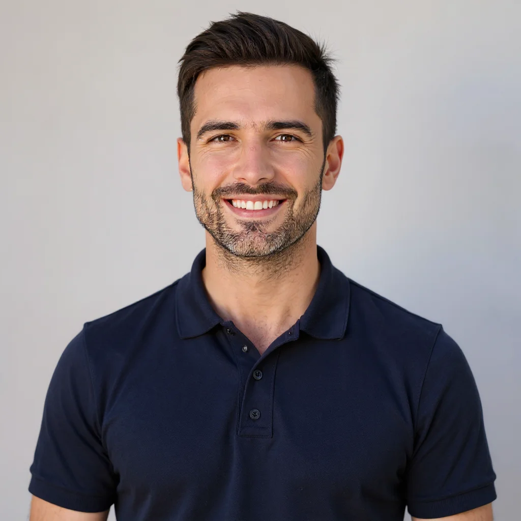 Professional AI-generated headshot of a man in navy blue polo shirt on light gray background