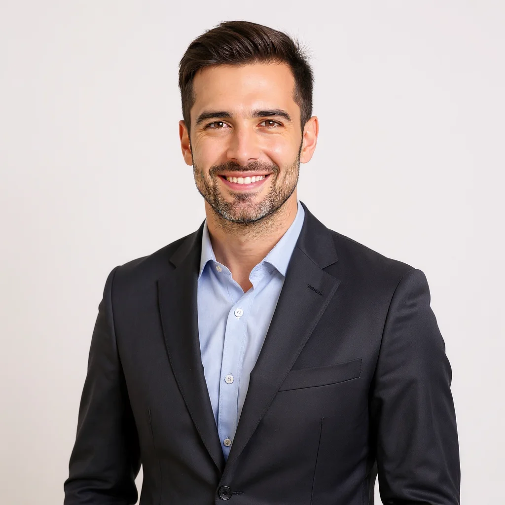 Professional AI-generated headshot of a man in charcoal gray suit with light blue shirt on off-white background