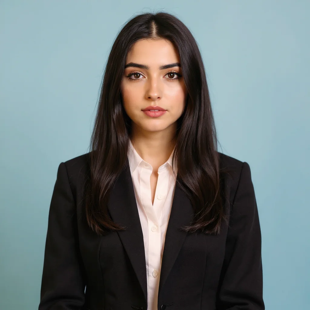 Professional AI-generated headshot of a woman in black blazer with white blouse on pale blue background