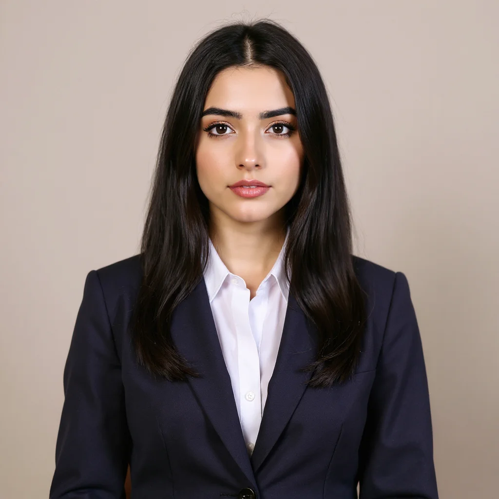 Professional AI-generated headshot of a woman in navy blue blazer with light colored blouse on light beige background