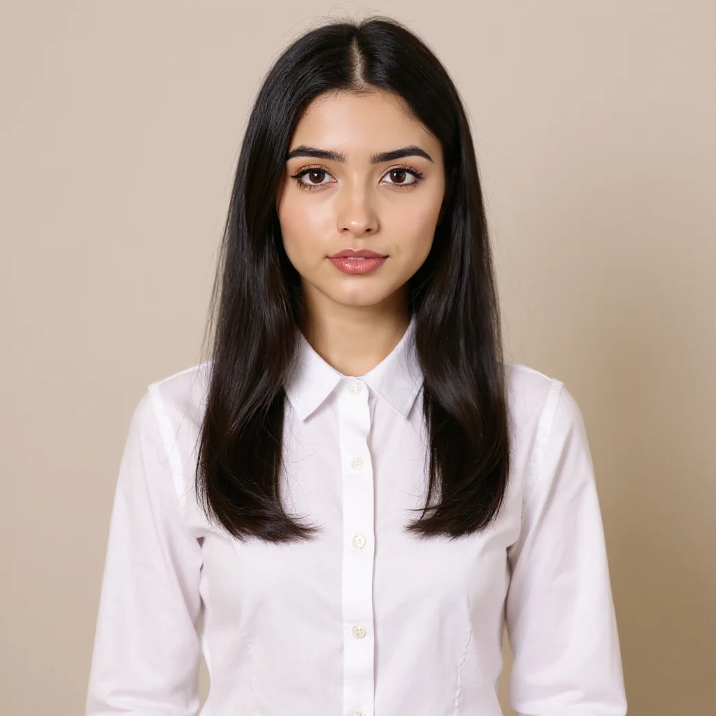 Professional AI-generated headshot of a woman in white dress blouse with collar on soft cream background