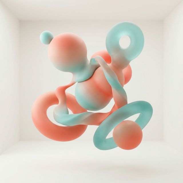 "Minimalist abstract art, flowing liquid geometric shapes, coral and teal color palette, smooth gradients, 3d render"