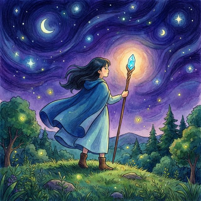 "High quality anime style character, magical girl with glowing staff, starry night background, vibrant colors, studio ghibli style"