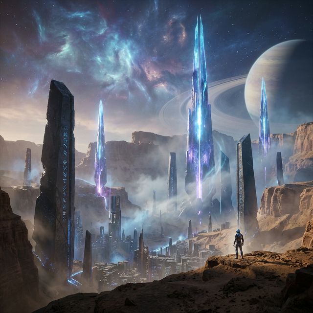 "Cinematic sci-fi landscape, massive glowing alien structures, towering monoliths, ethereal lighting, high detail, unreal engine 5 render, epic scale"