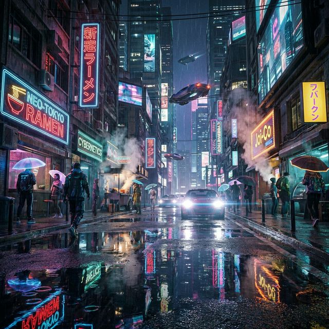 "Cyberpunk street at night, neon lights reflecting on puddles, rain, bustling city, highly detailed, cinematic lighting, 4k"