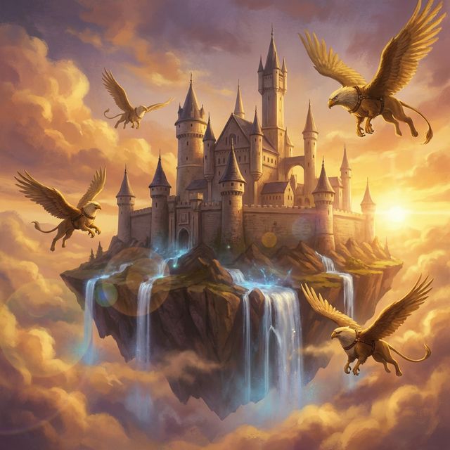 "Epic fantasy castle floating in the sky, waterfalls cascading into the clouds, magical aura, majestic griffins flying, golden hour lighting, cinematic concept art"