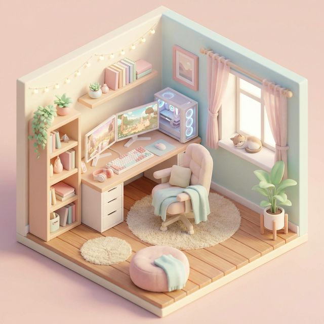 "Cute 3D isometric room, cozy gaming setup, soft pastel lighting, octane render, highly detailed, tilt shift"