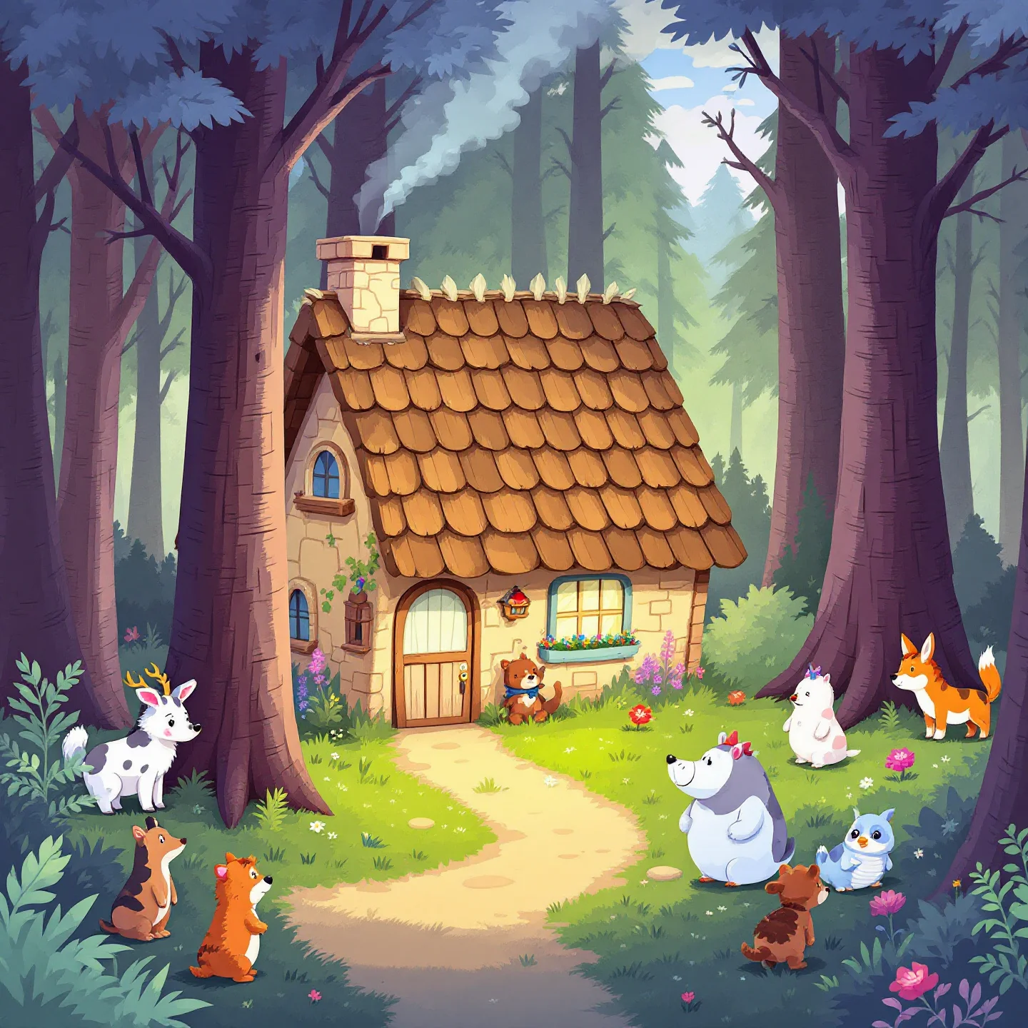 AI 创作的森林童话小屋插画